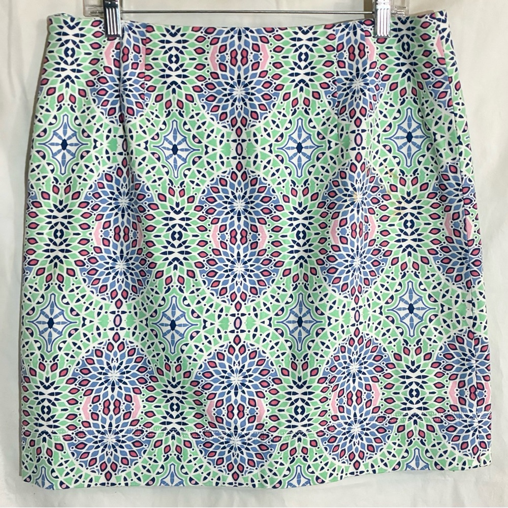 Talbots Stretch Skirt Sz 12 Kaleidoscope Mini Short Side Zip Lining Sexy Chic